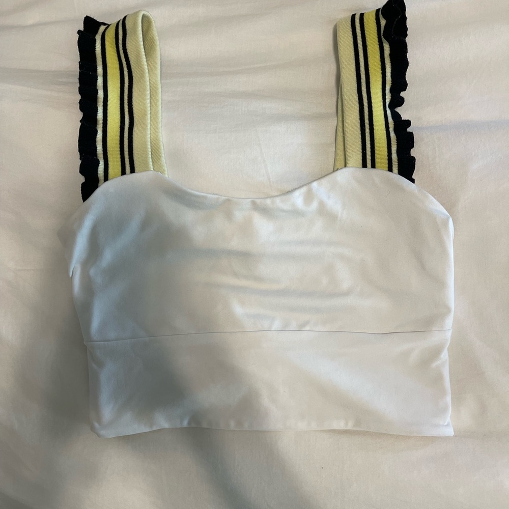 Free People Movement Crop Top, White with green black straps, size small